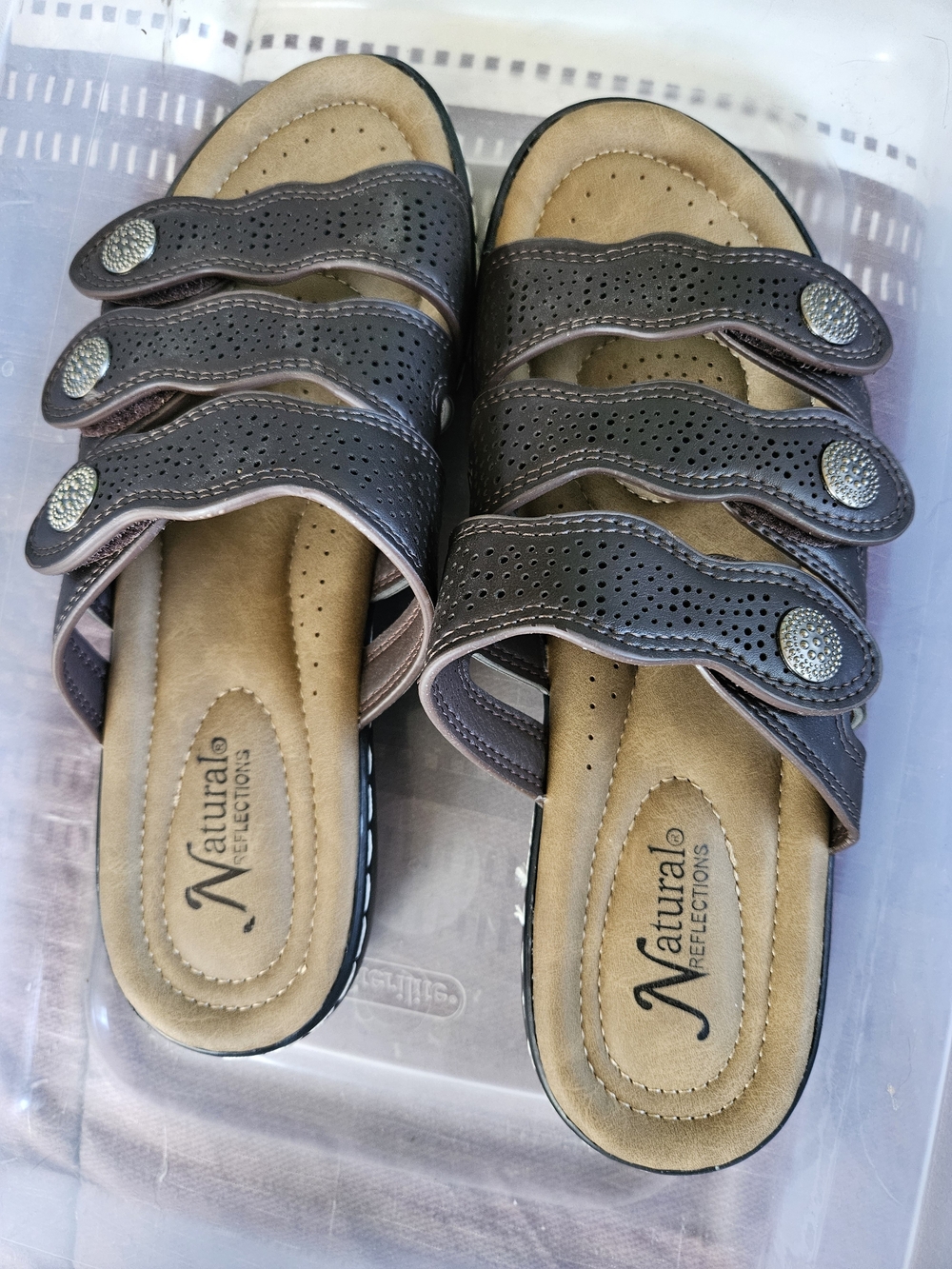 Natural Reflections Brown Perforated Triple-Strap Slide Sandals